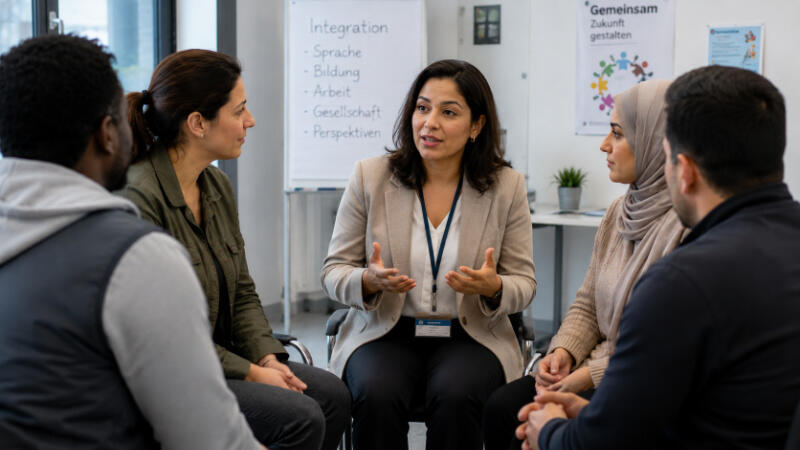 Sprachvermittlung für soziale Einrichtungen - Diskussion in einem modernen Büroraum Sprachvermittlung für soziale Einrichtungen - Diskussion in einem modernen Büroraum